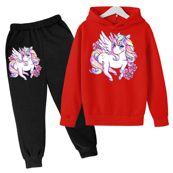 Unicorn Hoodie Животно Hoodie Комплект суичър с качулка Есенен детски суичър с качулка + панталон Комплект от 2 части Тийнейджърско сладко момиче с качулка 4-14 години