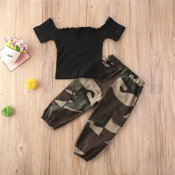 1-6Y Fashion Kids Βρεφικά ρούχα Κοριτσίστικα ρούχα Μαύρο κοντομάνικο μπλουζάκι από ώμους Μπλουζάκια + Παντελόνι παραλλαγής 2 τμχ