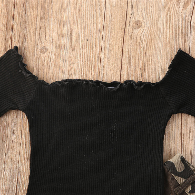 1-6Y mados vaikams, mergaičių, mergaičių apranga, juodi trumpomis rankovėmis, marškinėliai, viršutiniai drabužiai + kamufliažinės kelnės, 2 vnt.