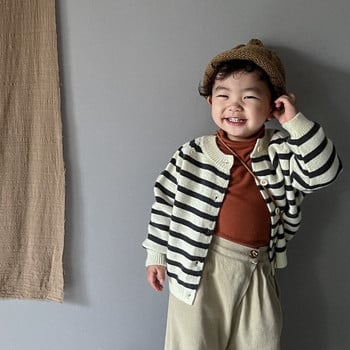 Детски корейски раиран пуловер за момичета, пролет, есен, качествено детско облекло 0-6 години, бебешка мека памучна жилетка, плетено палто за момчета