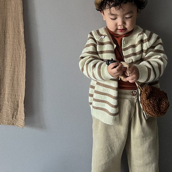 Детски корейски раиран пуловер за момичета, пролет, есен, качествено детско облекло 0-6 години, бебешка мека памучна жилетка, плетено палто за момчета