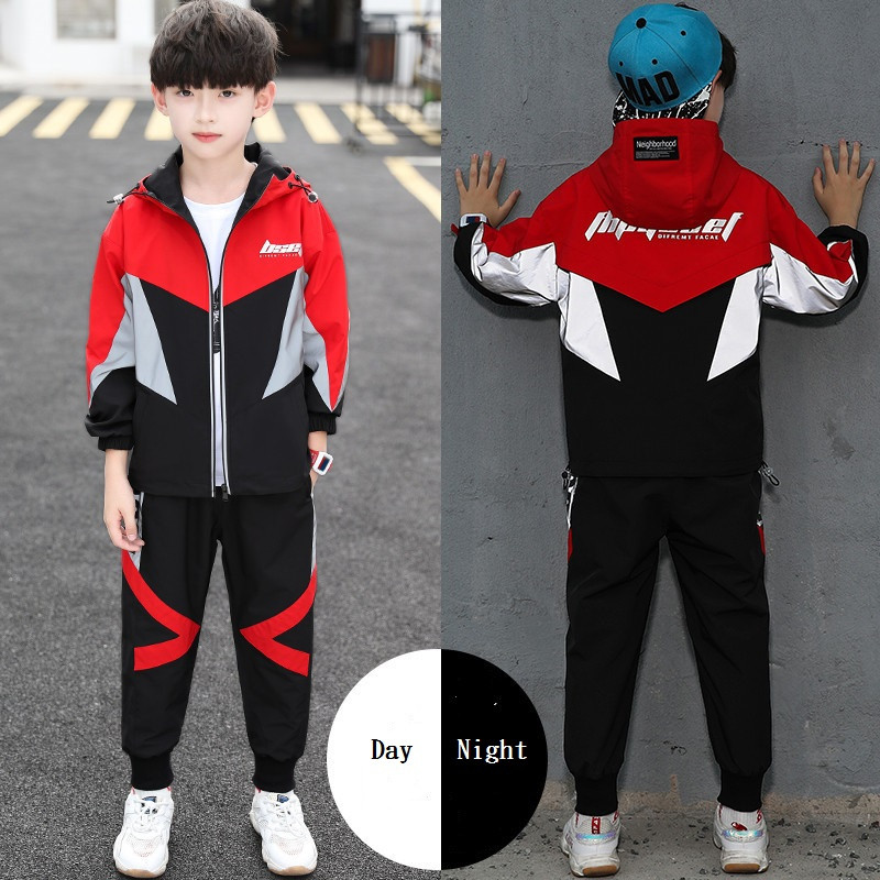 Kontrastinės abėcėlės formos berniukų striukės su gobtuvu su užtrauktuku ir kelnių komplektai mokyklinis vaikų švytintis sportinis kostiumas, vaikiškas bėgimo kostiumas 5–15 metų