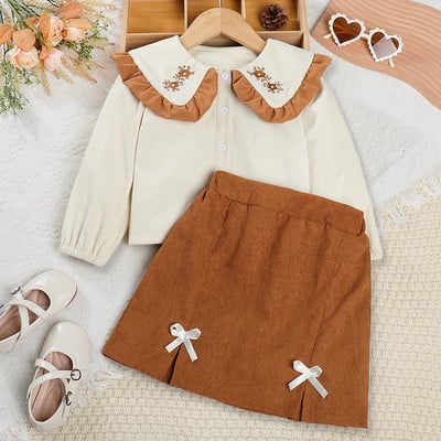 Bear Leader tüdrukute pikkade varrukatega sügis-talvine komplekt uutele tüdrukutele, suure revääriga, plisseeritud triibuline ülaosa + kelluke kaheosaline tüdrukute komplekt