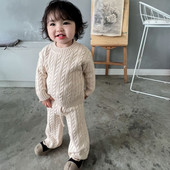 Uus saabumise sügisene laste kudumite komplekt, tüdrukute kampsun ja püksid, ühevärvilised riided lastele