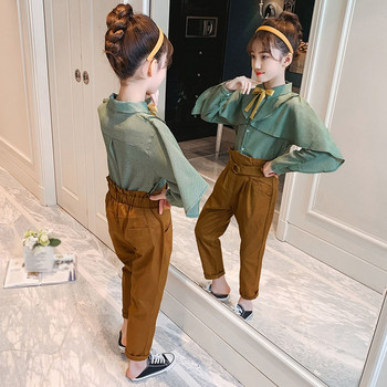 Есенен костюм за момичета 2021 г. Нова детска модна ежедневна риза с прилеп + дълги панталони Малко момиче, спретнат стил, тийнейджърски комплекти 4-13 години