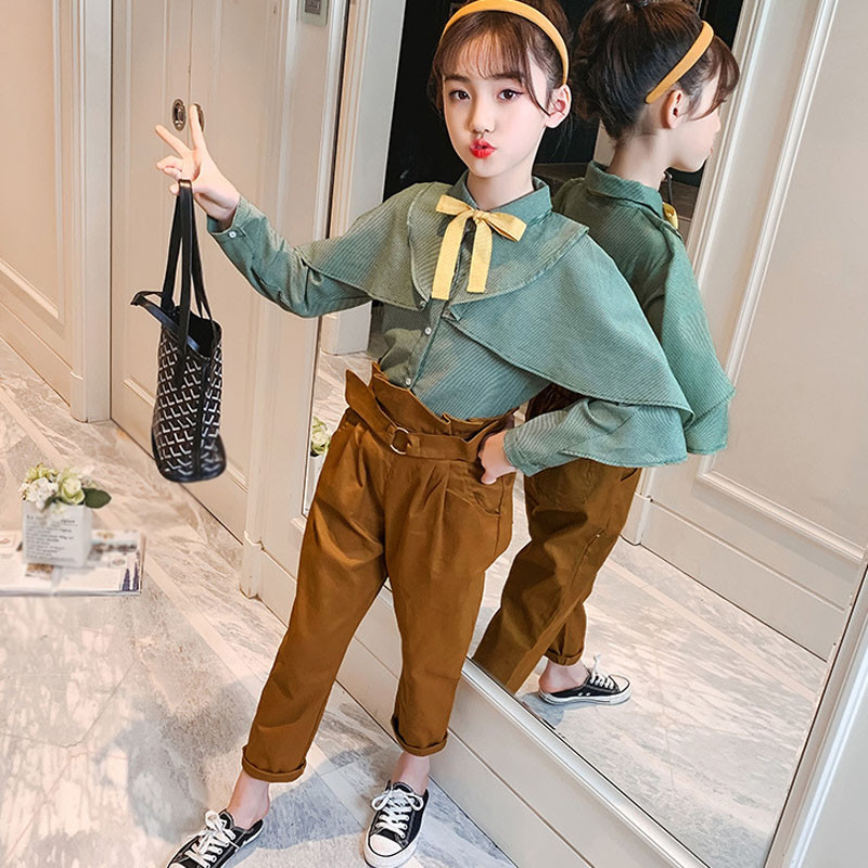 Costum pentru fete de toamnă 2021, cămașă ocazională de liliac la modă pentru copii + pantaloni lungi, fetiță, stil preppy, seturi pentru adolescenți 4-13 ani