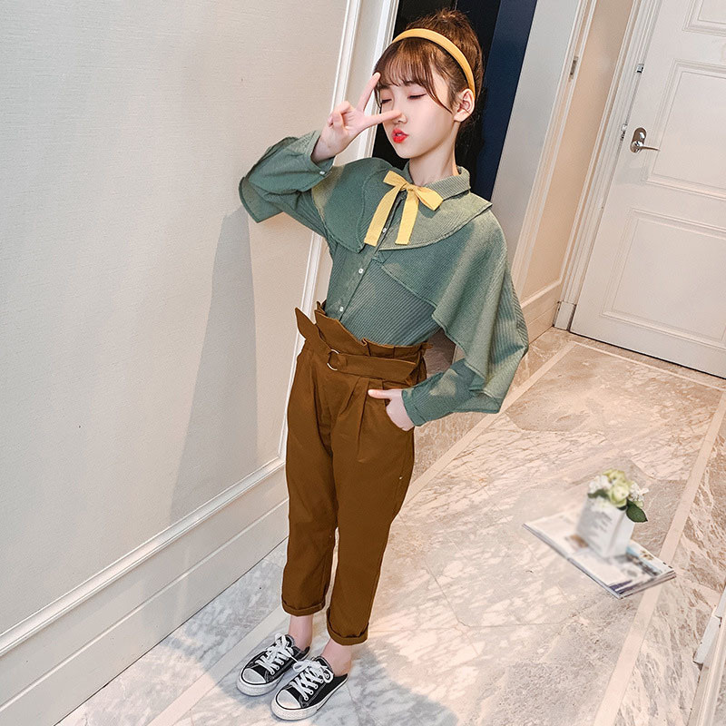 Costum pentru fete de toamnă 2021, cămașă ocazională de liliac la modă pentru copii + pantaloni lungi, fetiță, stil preppy, seturi pentru adolescenți 4-13 ani