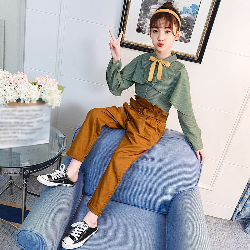 Costum pentru fete de toamnă 2021, cămașă ocazională de liliac la modă pentru copii + pantaloni lungi, fetiță, stil preppy, seturi pentru adolescenți 4-13 ani