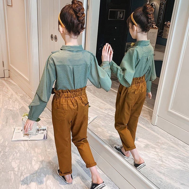 Costum pentru fete de toamnă 2021, cămașă ocazională de liliac la modă pentru copii + pantaloni lungi, fetiță, stil preppy, seturi pentru adolescenți 4-13 ani