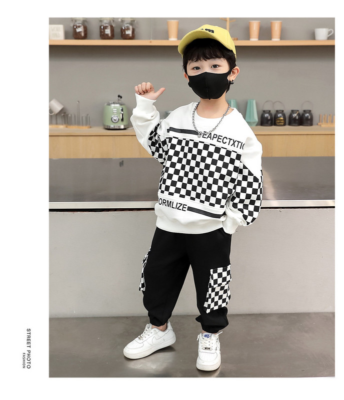 Poiste pikkade varrukatega kampsun + püksid 2 tk ülikond kevad-sügis ruuduline prindiga kampsun, keskmine ja suur laste sportlik kaheosaline ülikond