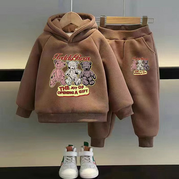 Есен Зима Плюшени топли дрехи за деца Момчета Момичета Суичъри с шарка на мечка и комплект панталони Детски пуловер Анцуг