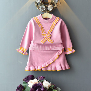 2021 Toamnă Iarnă Îmbrăcăminte Coreeană Copii Fete Culoare Solidă Tricot în V Cămașă cu mâneci lungi + Fusta Set de pulover