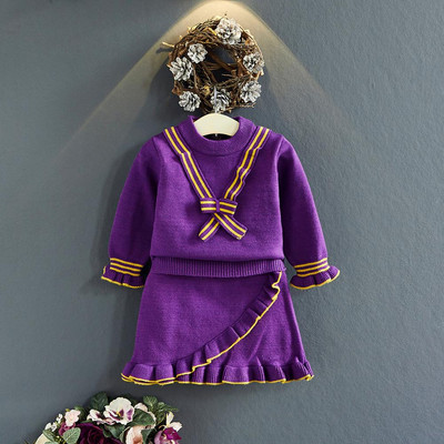 2021 Toamnă Iarnă Îmbrăcăminte Coreeană Copii Fete Culoare Solidă Tricot în V Cămașă cu mâneci lungi + Fusta Set de pulover