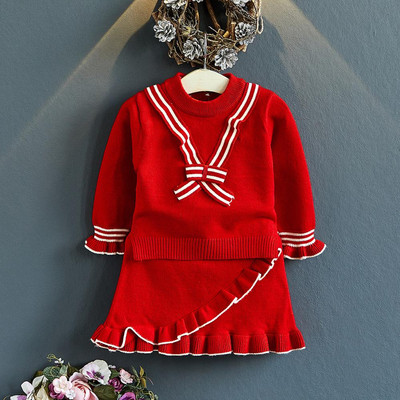 2021 Toamnă Iarnă Îmbrăcăminte Coreeană Copii Fete Culoare Solidă Tricot în V Cămașă cu mâneci lungi + Fusta Set de pulover