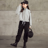 Kevad-sügis lasterõivad teismeliste tüdrukute ülikonnad, uus pool lukuga tasku, pikk varrukas + spordipüksid vabaaja hip-hop ülikond