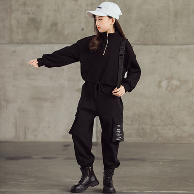 Kevad-sügis lasterõivad teismeliste tüdrukute ülikonnad, uus pool lukuga tasku, pikk varrukas + spordipüksid vabaaja hip-hop ülikond