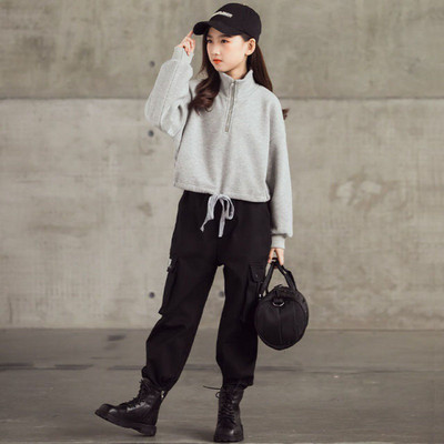 Kevad-sügis lasterõivad teismeliste tüdrukute ülikonnad, uus pool lukuga tasku, pikk varrukas + spordipüksid vabaaja hip-hop ülikond