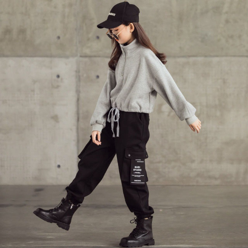 Kevad-sügis lasterõivad teismeliste tüdrukute ülikonnad, uus pool lukuga tasku, pikk varrukas + spordipüksid vabaaja hip-hop ülikond