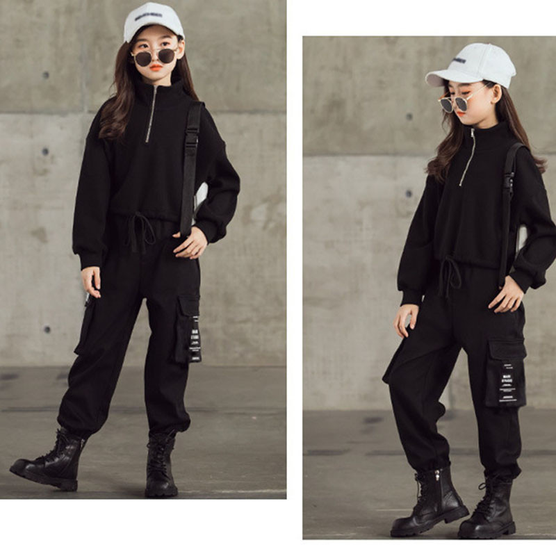 Kevad-sügis lasterõivad teismeliste tüdrukute ülikonnad, uus pool lukuga tasku, pikk varrukas + spordipüksid vabaaja hip-hop ülikond