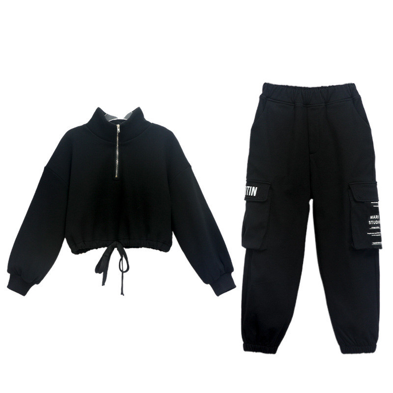 Kevad-sügis lasterõivad teismeliste tüdrukute ülikonnad, uus pool lukuga tasku, pikk varrukas + spordipüksid vabaaja hip-hop ülikond