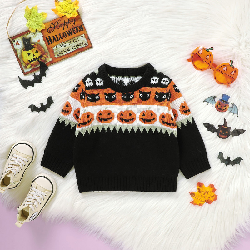 Detský halloweenský sveter s potlačou tekvice a kreslenou mačkou, mikina s výstrihom do O-krku, dlhý rukáv, topy, pulóvre, batoľa, nové jesenné oblečenie 2023
