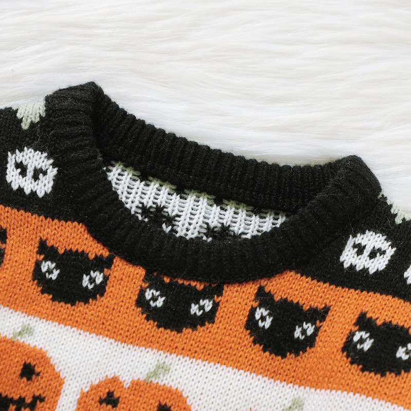 Detský halloweenský sveter s potlačou tekvice a kreslenou mačkou, mikina s výstrihom do O-krku, dlhý rukáv, topy, pulóvre, batoľa, nové jesenné oblečenie 2023