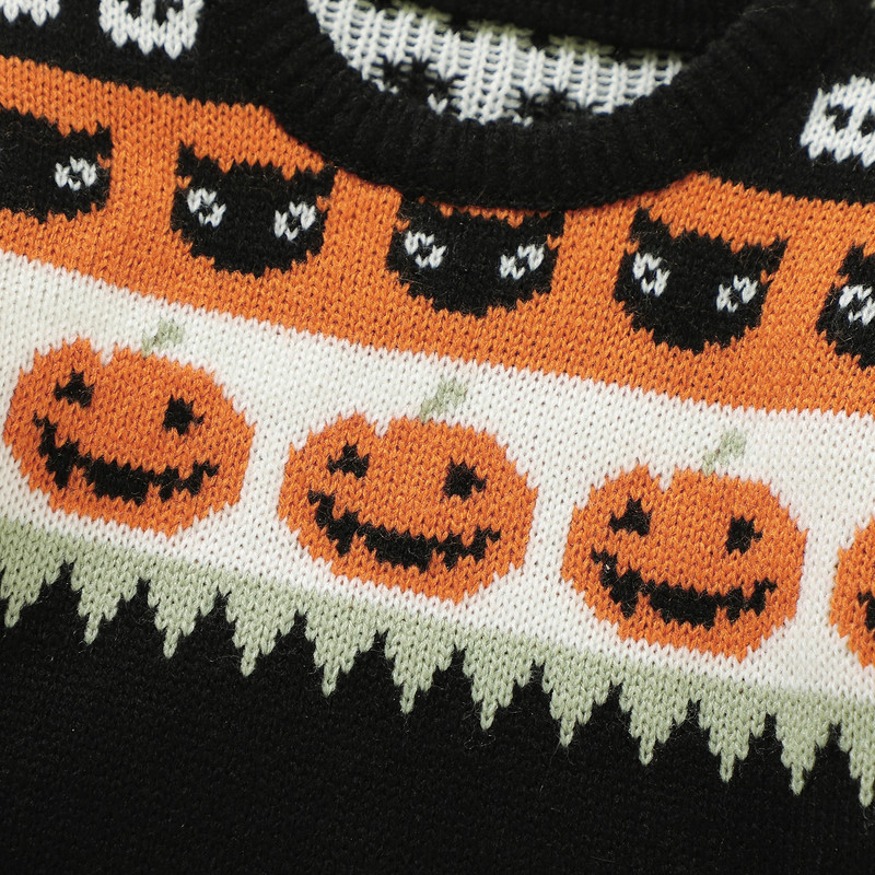 Detský halloweenský sveter s potlačou tekvice a kreslenou mačkou, mikina s výstrihom do O-krku, dlhý rukáv, topy, pulóvre, batoľa, nové jesenné oblečenie 2023