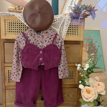 Пролет и есен 2023 г. Нови комплекти дрехи за момичета Универсална тениска с подкосъм на цветя + модна жилетка от рипсено кадифе + ежедневни панталони Бебешки костюм
