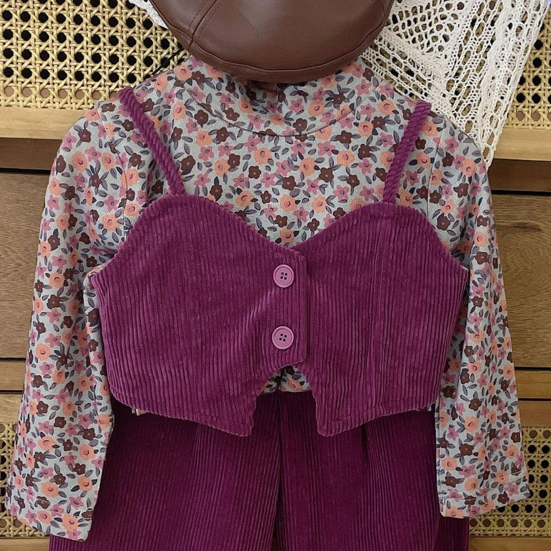 Seturi de îmbrăcăminte pentru fete, primăvară și toamnă 2023, tricou versatil cu flori, vestă din velur la modă + pantaloni casual, costum pentru bebeluși