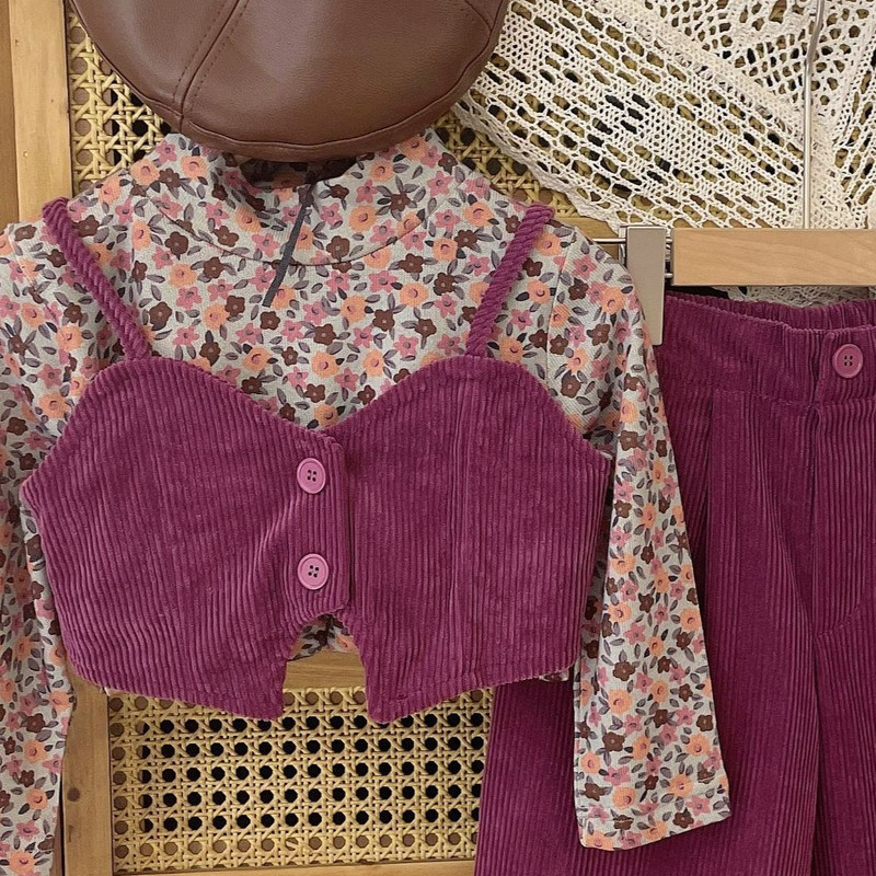 Seturi de îmbrăcăminte pentru fete, primăvară și toamnă 2023, tricou versatil cu flori, vestă din velur la modă + pantaloni casual, costum pentru bebeluși