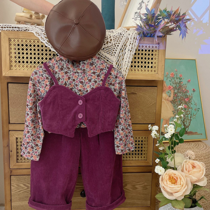 Seturi de îmbrăcăminte pentru fete, primăvară și toamnă 2023, tricou versatil cu flori, vestă din velur la modă + pantaloni casual, costum pentru bebeluși