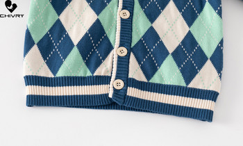 Нов 2023 Бебешки момчета Есен Зима Карирана жакардова жилетка Пуловер Модни плетени пуловери с V-образно деколте Топове Детски жилетки