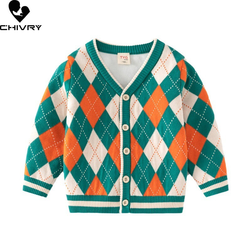 Nou 2023 pentru bebeluși băieți toamnă iarnă în carouri jacquard cardigan pulover modă cu decolteu în V Pulover tricotat Topuri copii cardigane
