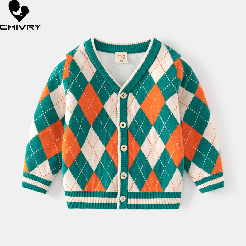 Nou 2023 pentru bebeluși băieți toamnă iarnă în carouri jacquard cardigan pulover modă cu decolteu în V Pulover tricotat Topuri copii cardigane