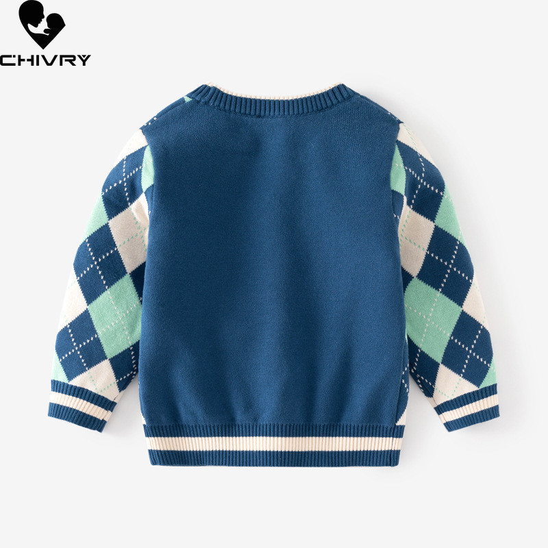 Nou 2023 pentru bebeluși băieți toamnă iarnă în carouri jacquard cardigan pulover modă cu decolteu în V Pulover tricotat Topuri copii cardigane