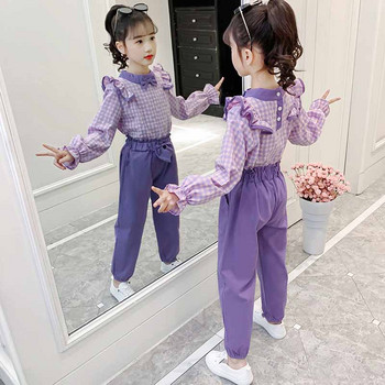 Φθινοπωρινά σετ ρούχων για κορίτσια Κορεάτικα Μεγάλα Παιδικά Φιόγκος Δαντέλα μακρυμάνικο καρό πουκάμισο Top+ Παντελόνι Πουκάμισο 2τμχ Εφηβικά ρούχα