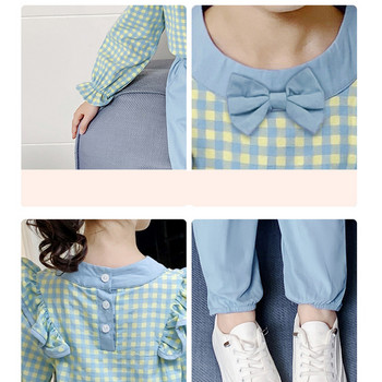 Φθινοπωρινά σετ ρούχων για κορίτσια Κορεάτικα Μεγάλα Παιδικά Φιόγκος Δαντέλα μακρυμάνικο καρό πουκάμισο Top+ Παντελόνι Πουκάμισο 2τμχ Εφηβικά ρούχα
