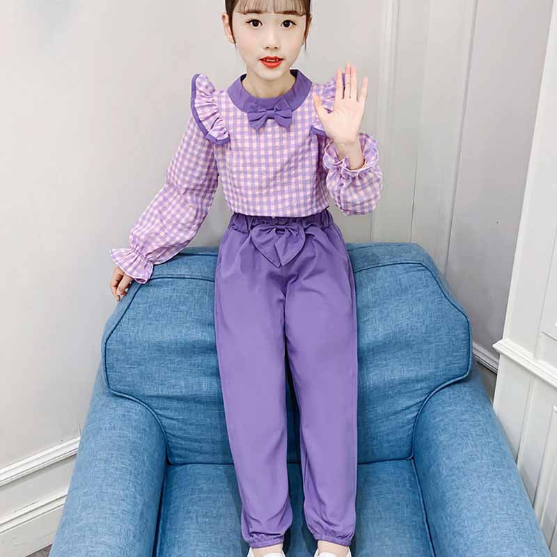 Lány őszi ruha szettek Koreai nagy gyerekek masni csipke hosszú ujjú kockás ing felső+ nadrág ing 2 db tinédzser ruhák