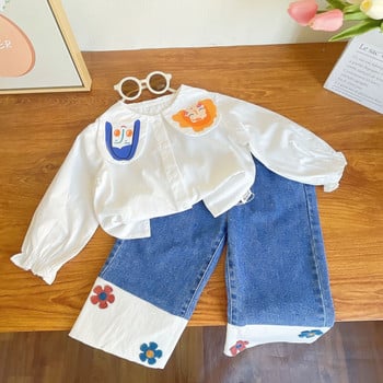 Пролет Есен Нови комплекти дрехи за момичета Риза с дълъг ръкав с щампа на кукла с анимационен принт + дънки с цветя Персонализиран ежедневен детски комплект