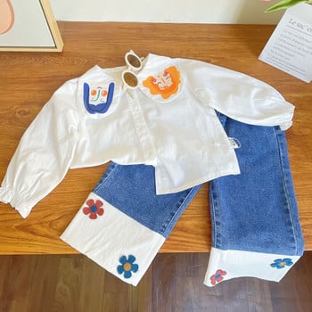 Пролет Есен Нови комплекти дрехи за момичета Риза с дълъг ръкав с щампа на кукла с анимационен принт + дънки с цветя Персонализиран ежедневен детски комплект