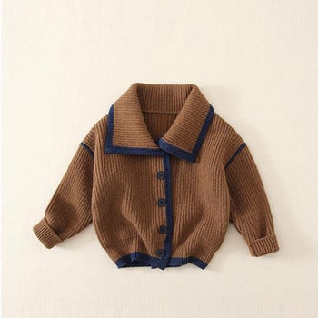 Есенно морско бебешко палто Сладко тъмносиньо плетена жилетка с голям ревер, едноредно едноредно бебешко момче, плътен памучен детски пуловер, зимен