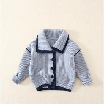 Есенно морско бебешко палто Сладко тъмносиньо плетена жилетка с голям ревер, едноредно едноредно бебешко момче, плътен памучен детски пуловер, зимен