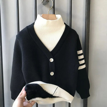 Νέα Παιδικά Ρούχα Αγόρια Μάλλινη επένδυση χοντρή λαιμόκοψη μακρυμάνικο Φθινόπωρο Χειμώνας Κορεάτικο Kawaii μονόχρωμο πουλόβερ με κουμπιά πουλόβερ