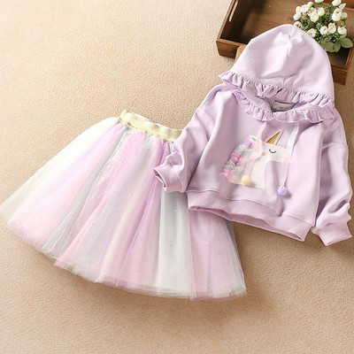 2020. aasta sügisene uus tüdrukute ülikond Korea mood Multikad Moodsa volangiga kapuutsiga kampsun ja vikerkaaremarli seelik kaheosaline ülikond 2-7 a