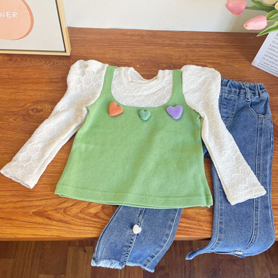 Sügisene uus komplekt tüdrukutele, armas, armas, kootud, pikkade varrukatega võlts, kaheosaline ülaosa+ teksapüksid, moodne teksad, laste ülikond