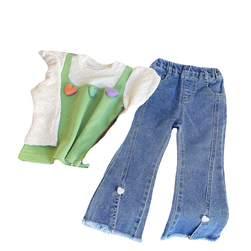 Sügisene uus komplekt tüdrukutele, armas, armas, kootud, pikkade varrukatega võlts, kaheosaline ülaosa+ teksapüksid, moodne teksad, laste ülikond