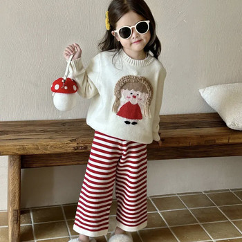 Комплект пуловер за момиче Есен Зима Модно детско облекло Пуловер с карикатура за малки момичета Трикотаж Топ + Раирани панталони 2 бр.