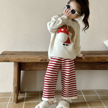 Комплект пуловер за момиче Есен Зима Модно детско облекло Пуловер с карикатура за малки момичета Трикотаж Топ + Раирани панталони 2 бр.