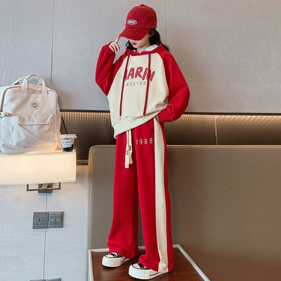 Tüdrukute 2023. aasta uus sügisene kevadmood pikkade varrukatega kapuuts + püksid, 2 tk. Ülikonnad 5–14-aastastele noortele vabaajarõivastele, lasteriiete komplekt