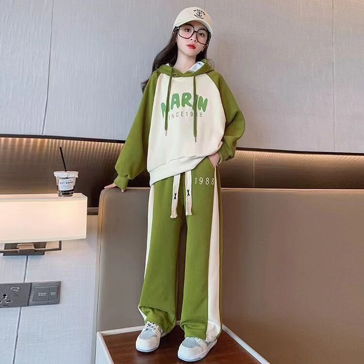 Tüdrukute 2023. aasta uus sügisene kevadmood pikkade varrukatega kapuuts + püksid, 2 tk. Ülikonnad 5–14-aastastele noortele vabaajarõivastele, lasteriiete komplekt